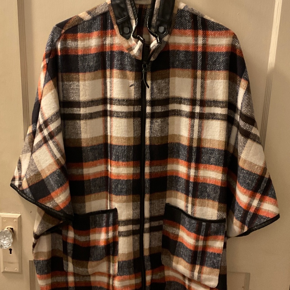 Renuar Multicolor Plaid cape with Black Leather Accents
